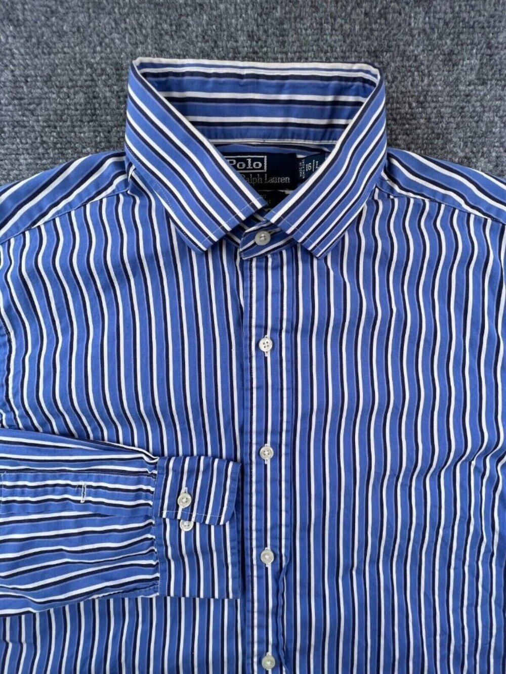 Polo Ralph Lauren Regent Button Up Shirt 16 Large Custom Fit Blue Striped Adult